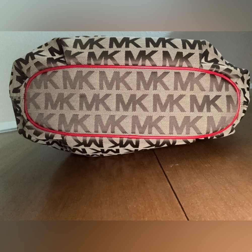 Michael Kors MK Logo Canvas Tote Bag Brown Red Leather Handles Tassel Purse - Picture 3 of 17
